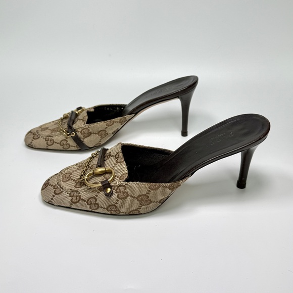Vintage Gucci Monogram Horsebit Mule Heels in Beige / Brown / Gold size 7b main image 3